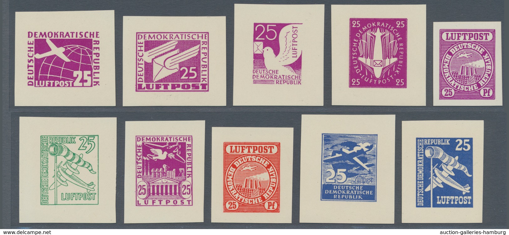 DDR: Ca. 1950, 33 Verschiedene Ungezähnte Essays Für Eine Geplante Flugpostserie Mit Bildern Aus Dem - Unused Stamps