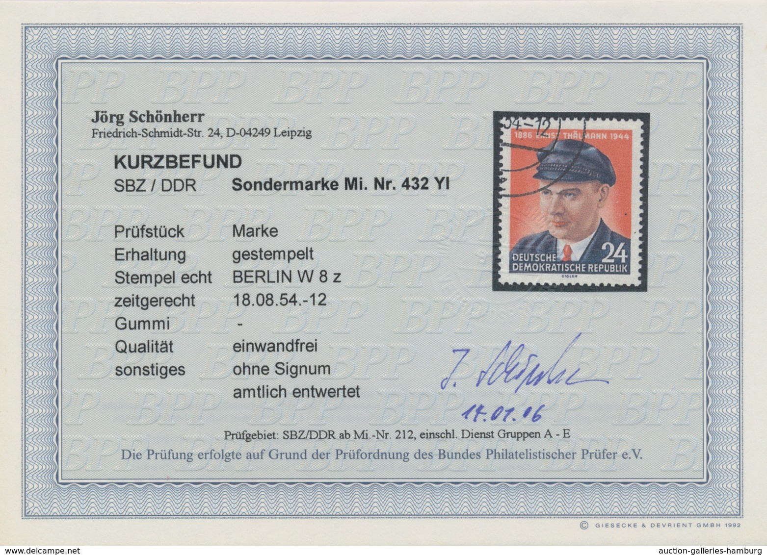 DDR: 1954, Thälmann Mit Stehendem Statt Liegendem Wasserzeichen, Attest Schönherr BPP. - Unused Stamps