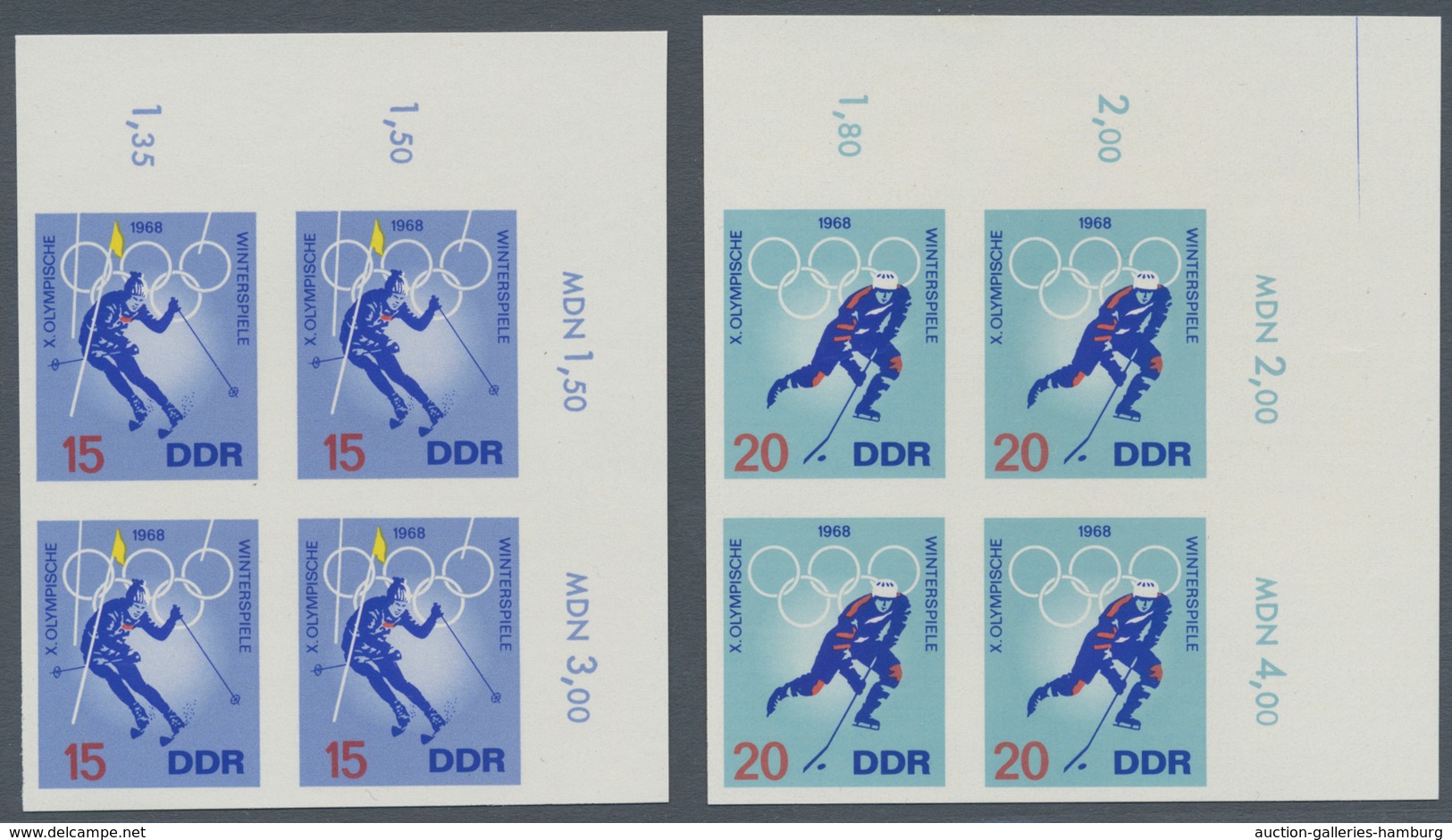 DDR: 1968, Olympiade 1968 Ungezähnt In Originalfarben Kpl. Im Eckrand-Viererblock, Attest Mayer BPP. - Unused Stamps