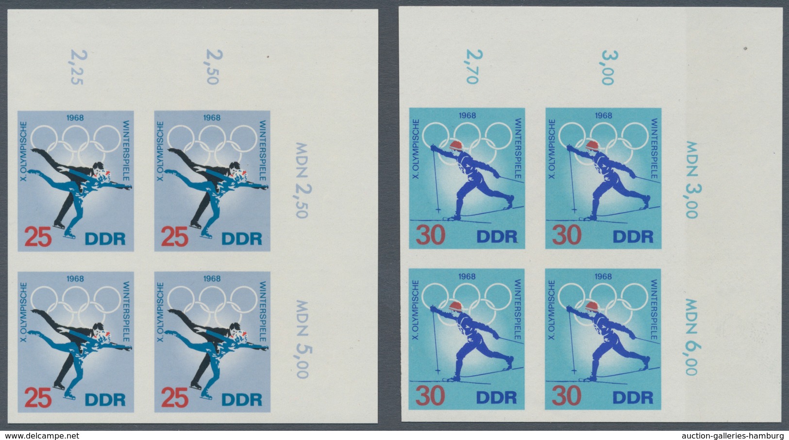 DDR: 1968, Olympiade 1968 Ungezähnt In Originalfarben Kpl. Im Eckrand-Viererblock, Attest Mayer BPP. - Unused Stamps