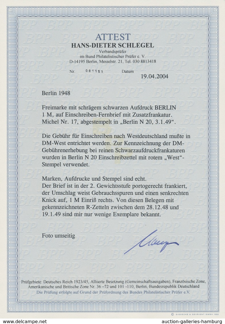 Berlin: 8 Pf. U 1 Mk Schwarzaufdruck Zusammen Auf R-Doppelbf. Ab Berlin N20 Vom 3.1.49 Nach Neumarkt - Briefe U. Dokumente