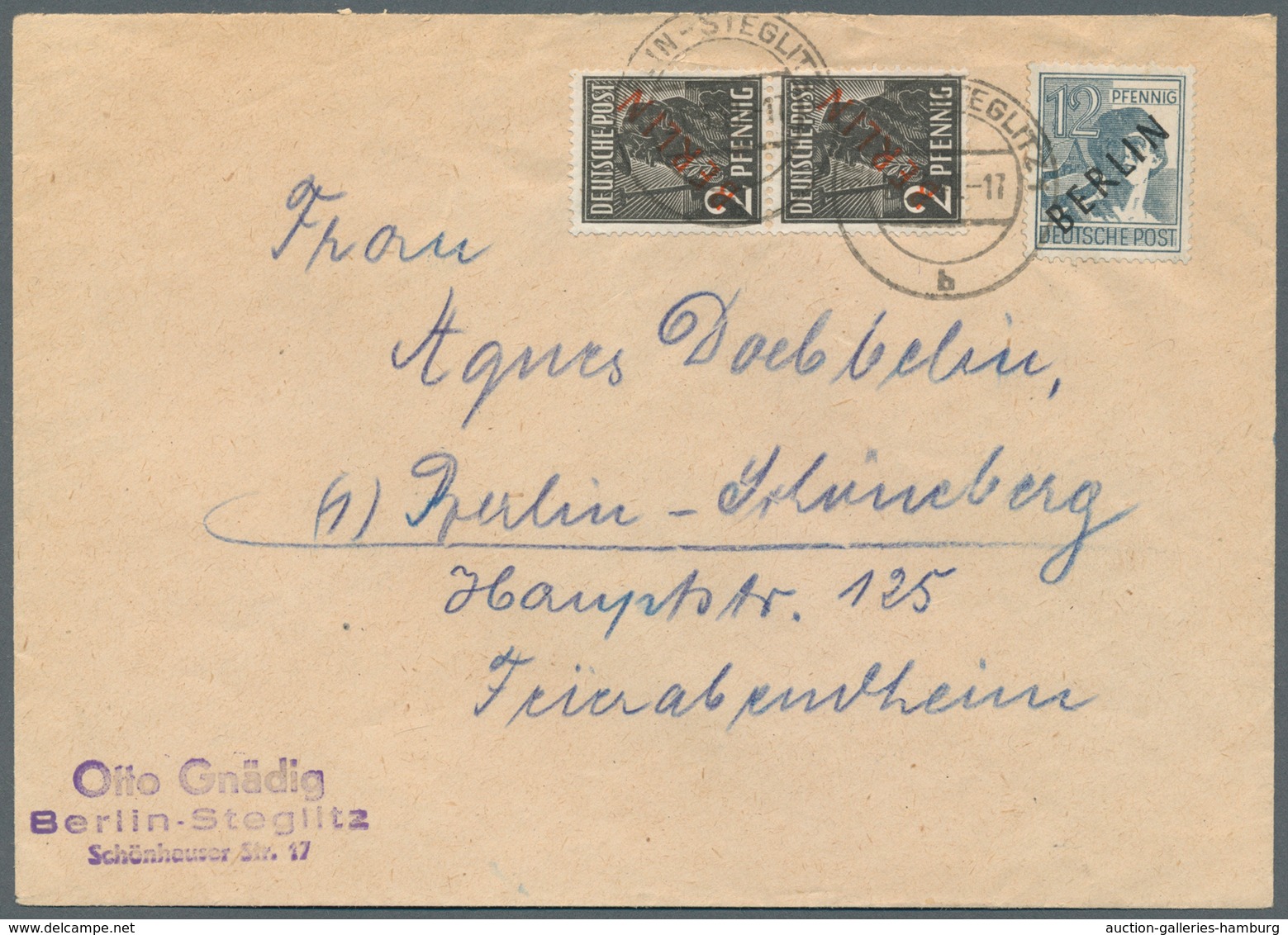 Berlin: 1949: Ortsbrief 16 Pf. Mit MiF Schwarzaufdruck – Rotaufdruck. 12 Pf. SA Und Dazu 2 X 2 Pf. R - Covers & Documents