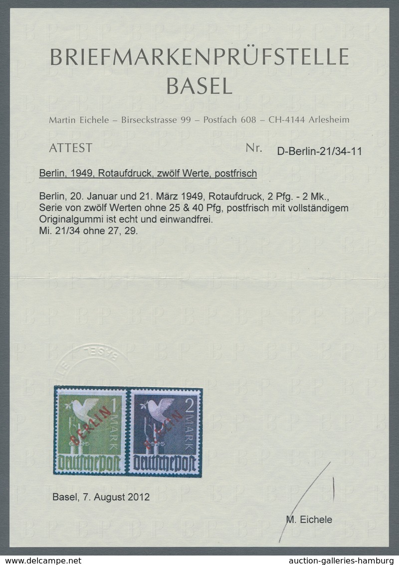 Berlin: 1949, Rotaufdruck, Der Komplette Satz Postfrisch, Fotoattest Briefmarkenprüfstelle Basel (20 - Briefe U. Dokumente