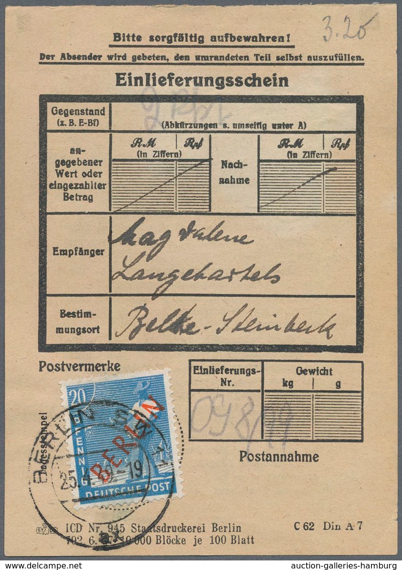 Berlin: 20 Pf. Rotaufdruck Auf Einlieferungsschein Für 2 Pakete Von Berlin SW11 Vom 25.4.49 - Covers & Documents