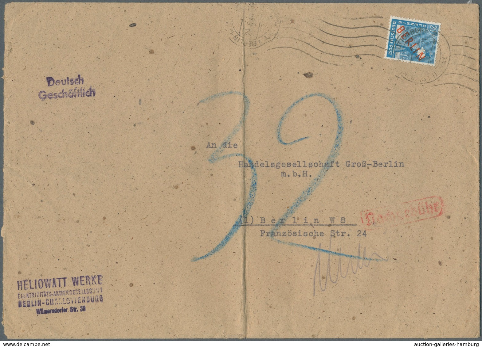 Berlin: 1949: Umschlag Ca. 23 X 16,4 Cm Als Orts-Doppelbrief Tarif II 20 Pf. Mit 20 Pf. Rotaufdruck - Covers & Documents