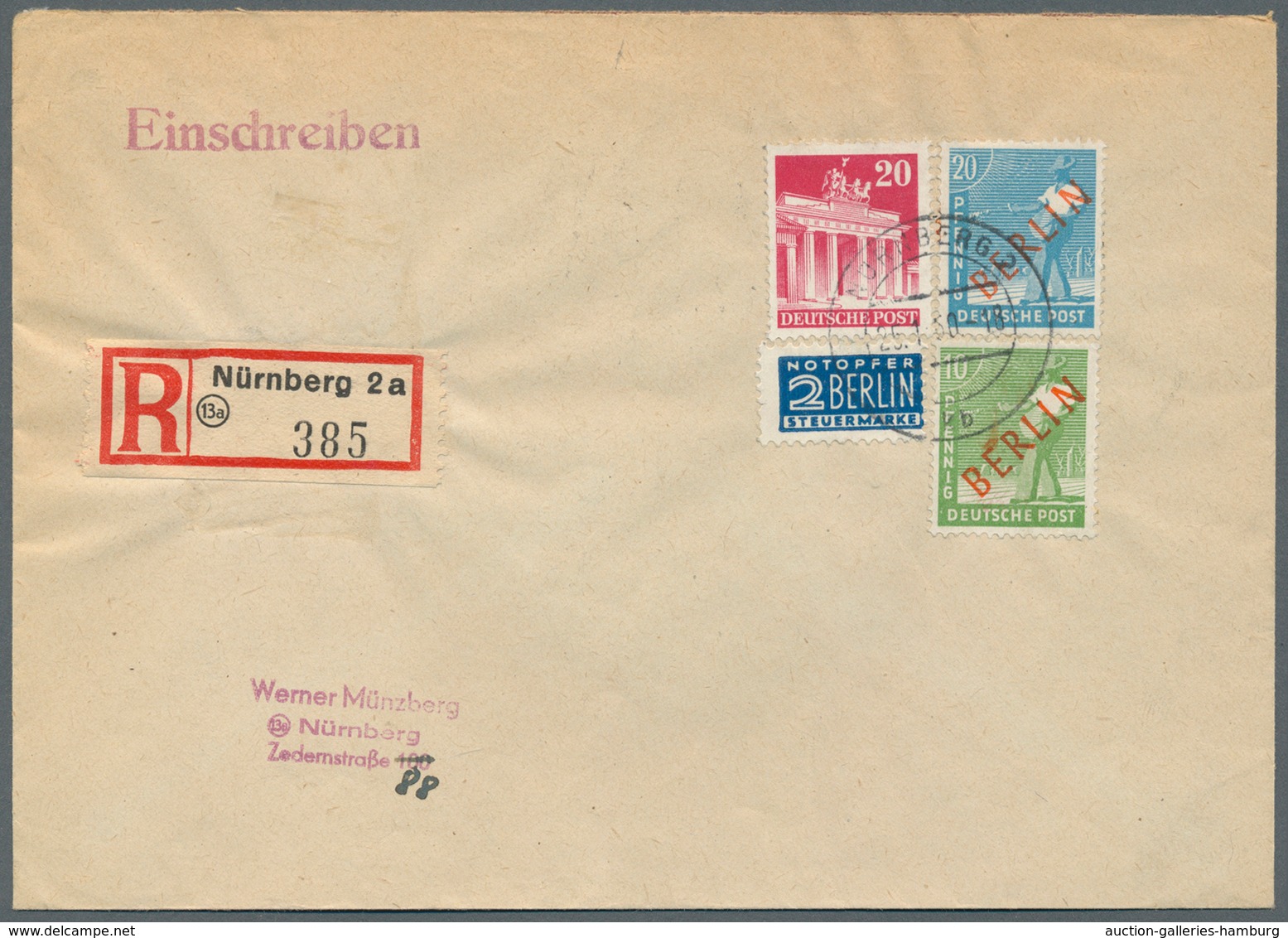 Berlin: Ortsbrief Einschreiben 50 Pf. ( 10 + 40 R ) Mit 10 Und 20 Pf. Rotaufdruck, Dazu 20 Pf. Bizon - Covers & Documents