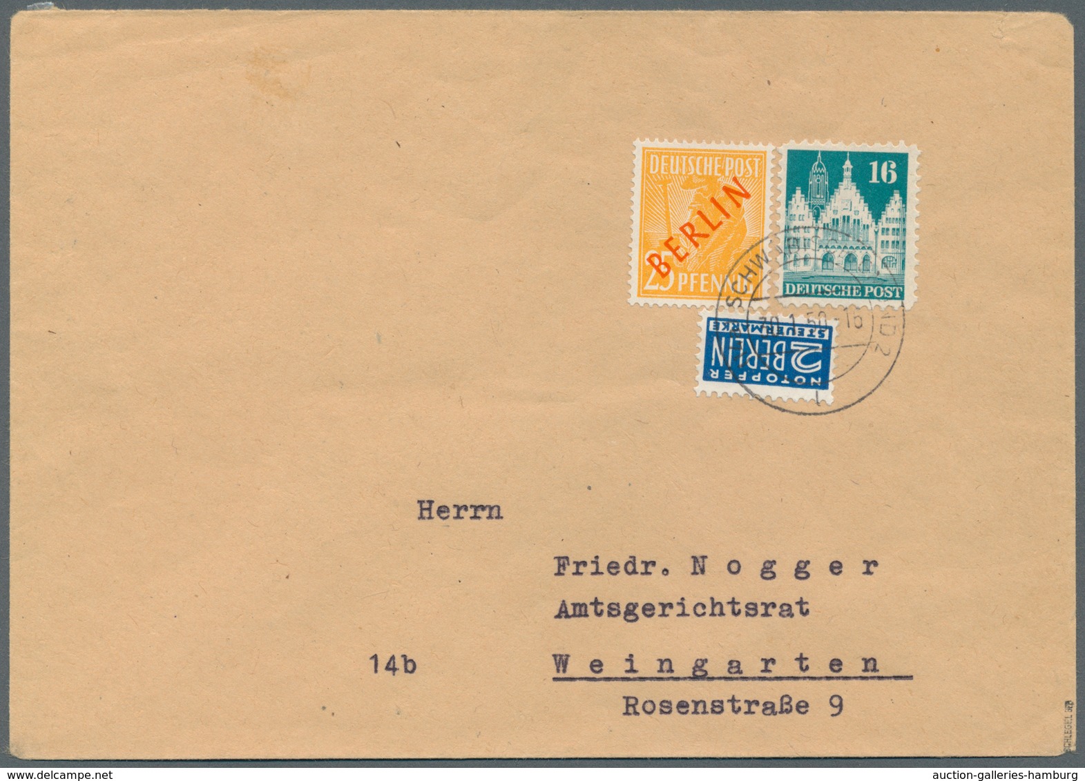 Berlin: 1950: Fernbrief über 20g 40 Pf. Mit 25 Pf. Rotaufdruck Und 16 Pf. Bizone Bauten, Dazu Notopf - Briefe U. Dokumente