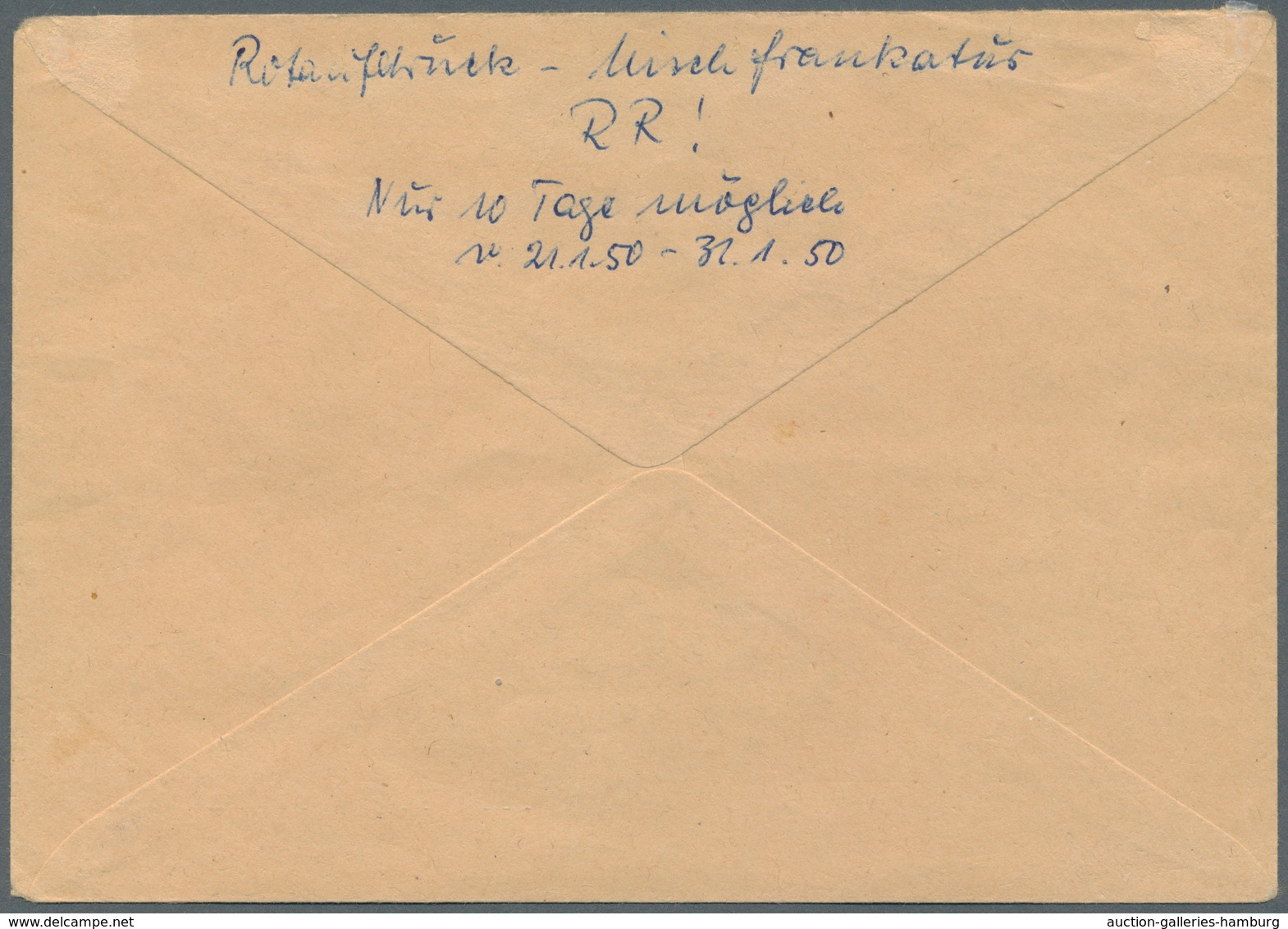 Berlin: 1950: Fernbrief über 20g 40 Pf. Mit 25 Pf. Rotaufdruck Und 16 Pf. Bizone Bauten, Dazu Notopf - Briefe U. Dokumente