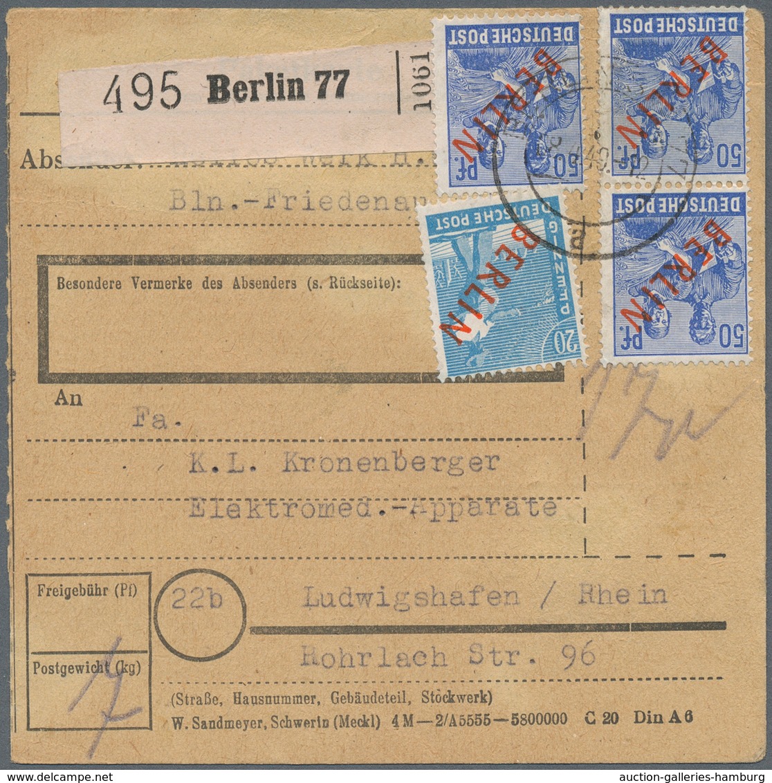 Berlin: 20 U. 3 Mal 50 Pf. Rotaufdruck Zusammen Auf Paketkarte Ab Berlin SW 77 Vom 8.4.49 Nach Ludwi - Briefe U. Dokumente