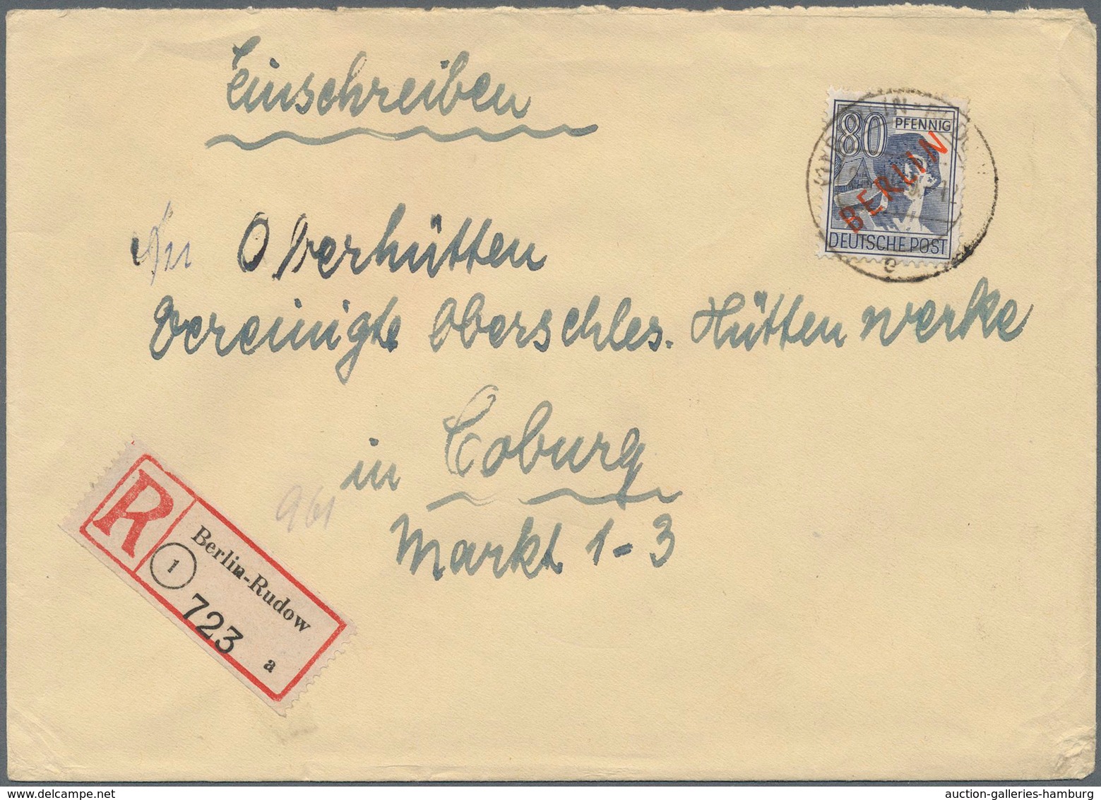 Berlin: 80 Pf. Rotaufdruck Als EF Auf R-Doppelbf. Ab Berlin-Rudow Vom 25.10.49 Nach Coburg Gute EF! - Covers & Documents