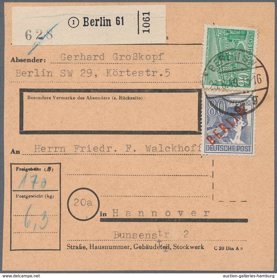 Berlin: 1949: Paketkarte über 6,3 Kg – DM 1,70 Mit 80 Pf. Rotaufdruck, 90 Pf. Bauten I Ab Berlin SW - Briefe U. Dokumente