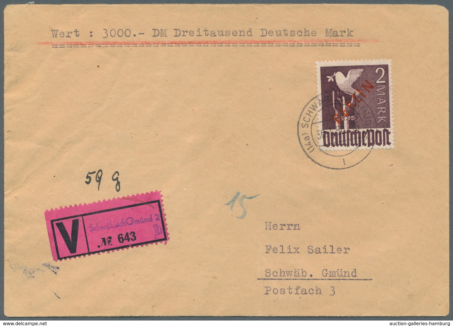 Berlin: 1950: WERTBRIEF 59g – 3000.- DM Mit DM 2.- ROTAUFDRUCK Als EF Ab Schwäbisch Gmünd 2 30.1.50 - Briefe U. Dokumente