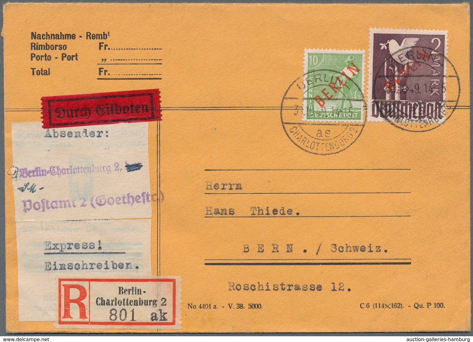 Berlin: 2 DM U. 10 Pf. Rotaufdruck Zusammen Auf Auslands-Eil-R-Bf. Ab Berlin-Charlottenburg 2 Vom 31 - Covers & Documents