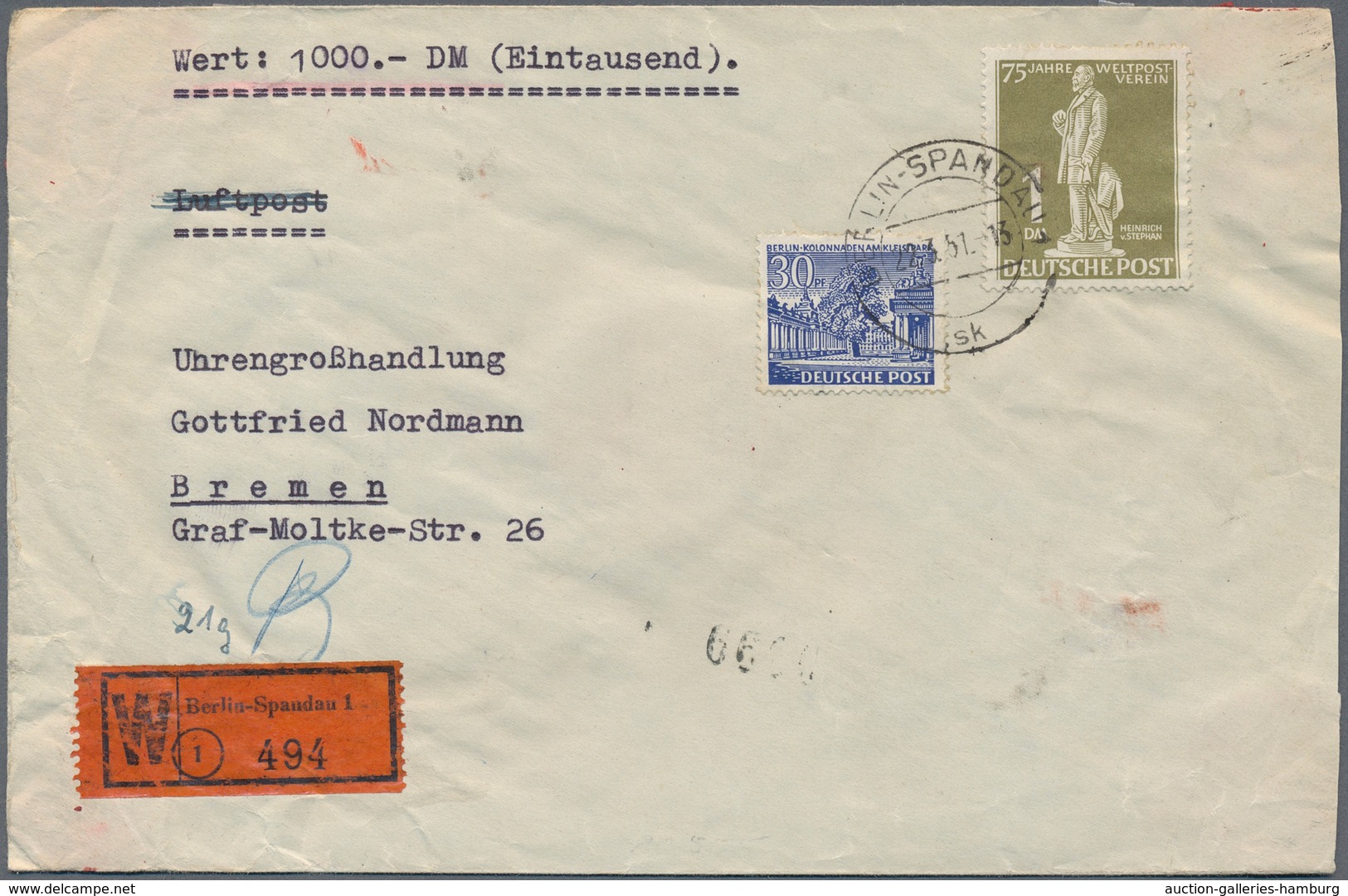 Berlin: 1951: Wertbrief 21g – 1000.- DM ( 40 + 60 + 2 X 15 ) Mit 30 Pf. Bauten I Und 1.- DM Stephan - Covers & Documents