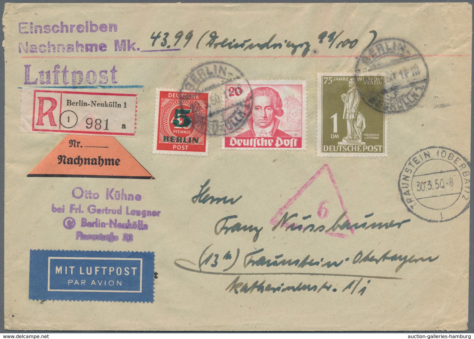 Berlin: 1949, 1 DM "UPU", 20 Pf "Goethe" U. 5 Auf 45 Pf Rot Freimarke, Portogerechte MiF Auf Nachnah - Covers & Documents