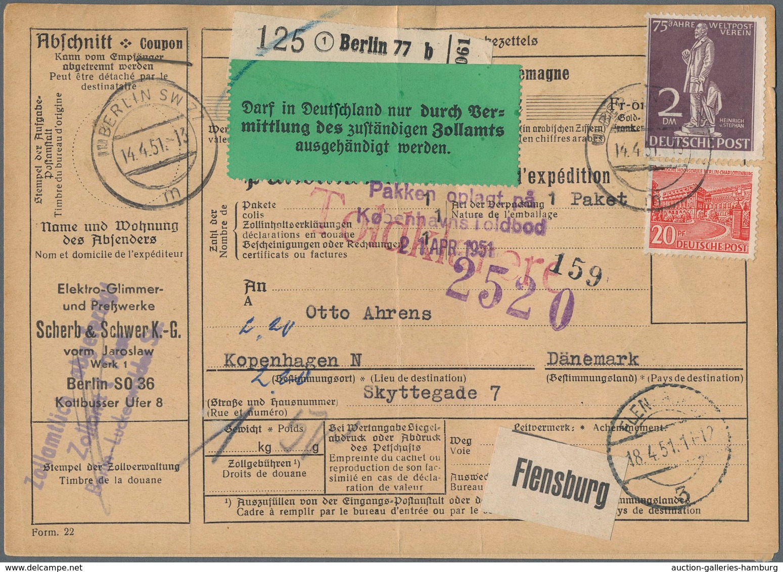 Berlin: 2 DM Stephan Mit 20 Pf. Bauten Zusammen Auf Auslands-Paketkarte Ab Berlin SW77 Vom 14.4.51 N - Covers & Documents