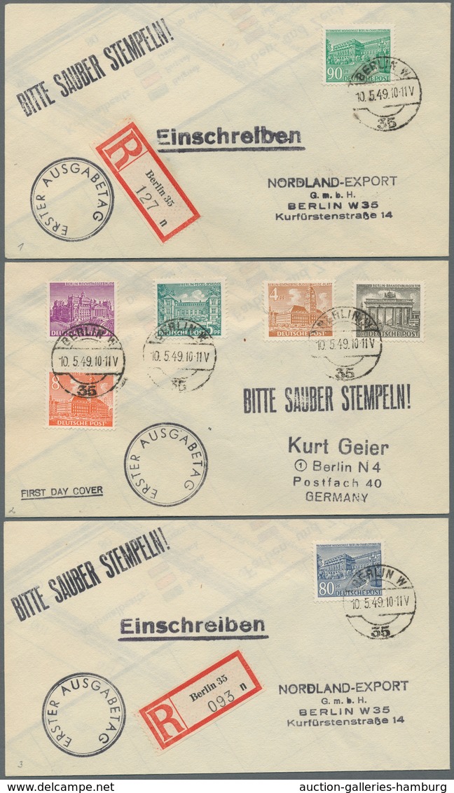 Berlin: 1949, "Bauten I", Insgesamt 15 Werte (1 Und 5 Pfg. Doppelt Bzw. Dreifach) Auf Fünf Ortsbrief - Briefe U. Dokumente