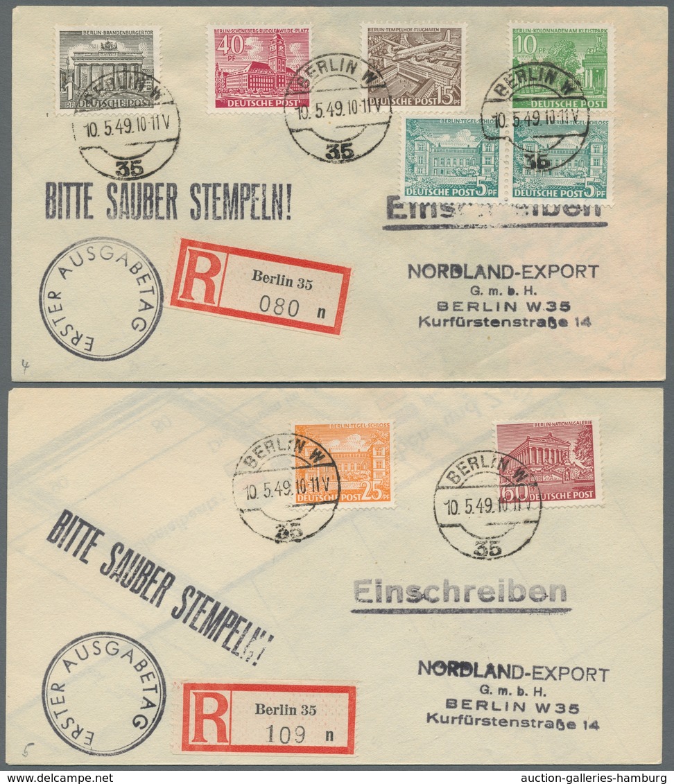 Berlin: 1949, "Bauten I", Insgesamt 15 Werte (1 Und 5 Pfg. Doppelt Bzw. Dreifach) Auf Fünf Ortsbrief - Covers & Documents