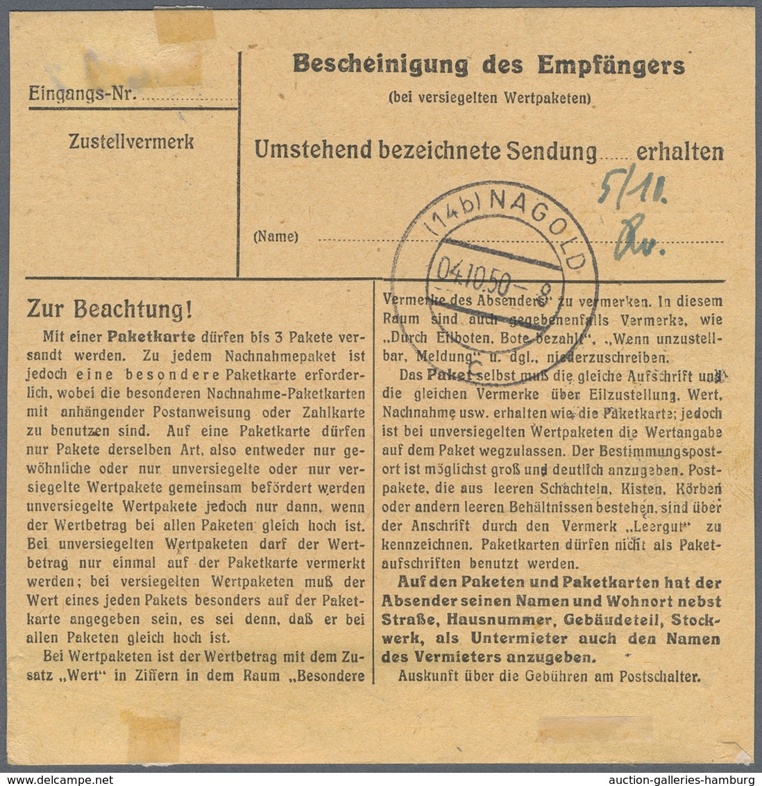 Berlin: 1950: Paketkarte über Drei Pakete Ab Berlin-Friedenau 1 30.8.50 Nach Nagold, Ankunft 4.10.50 - Covers & Documents