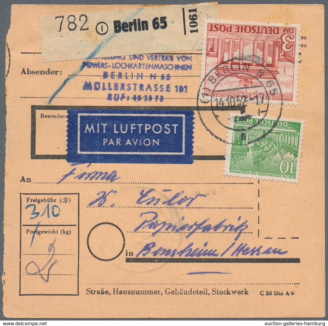 Berlin: 10 Pf. U. 3 DM Bauten Zusammen Auf Lp-Paketkarte Ab Berlin N65 Vom 14.10.52 Nach Bensheim Ka - Covers & Documents