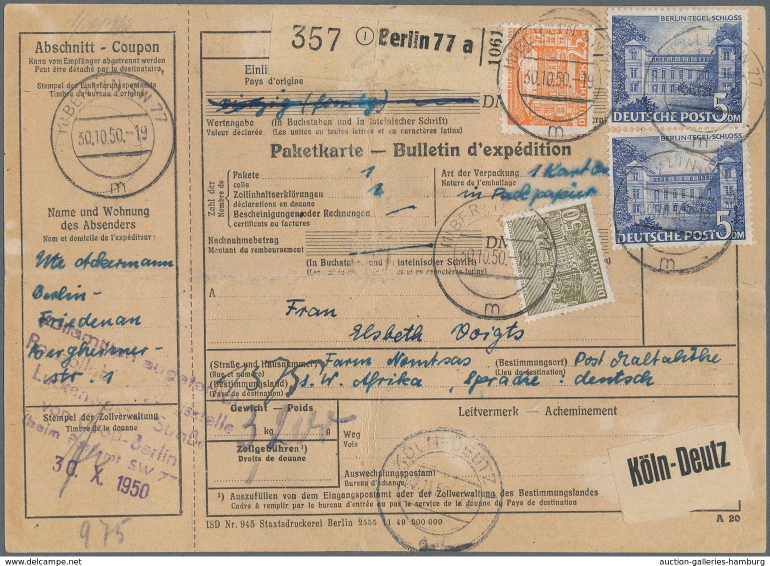 Berlin: 3 Mal 5 DM Mit 25 U. 50 Pf. Bauten (vorder U. Rücks. Frankiert) Zusammen Auf Übersee-Paketka - Covers & Documents