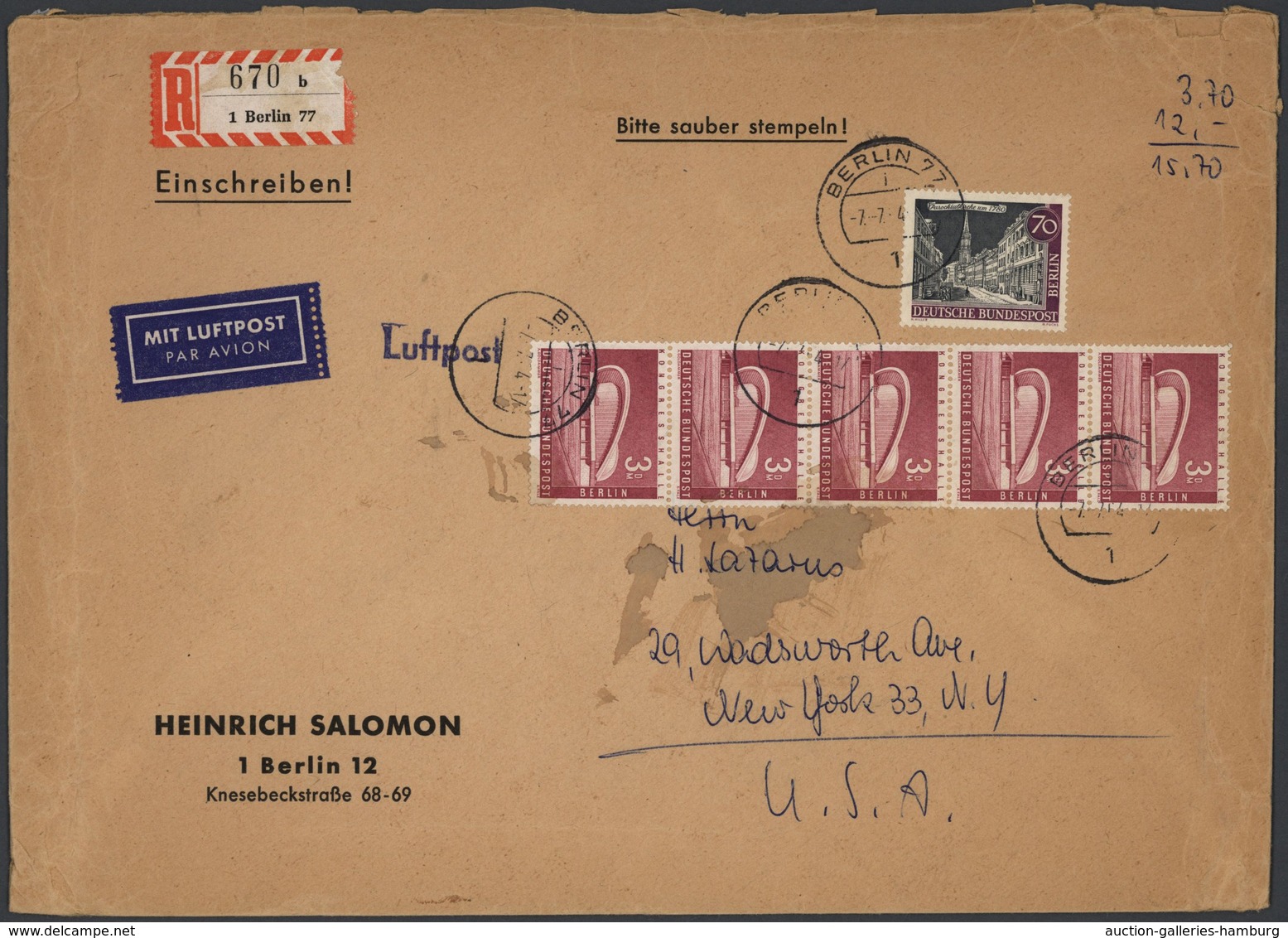 Berlin: 1977: Umschlag Firma Salomon Format Ca. 24,7 X 17,8 Cm Als Auslandsbrief Mit Einschreiben Un - Briefe U. Dokumente