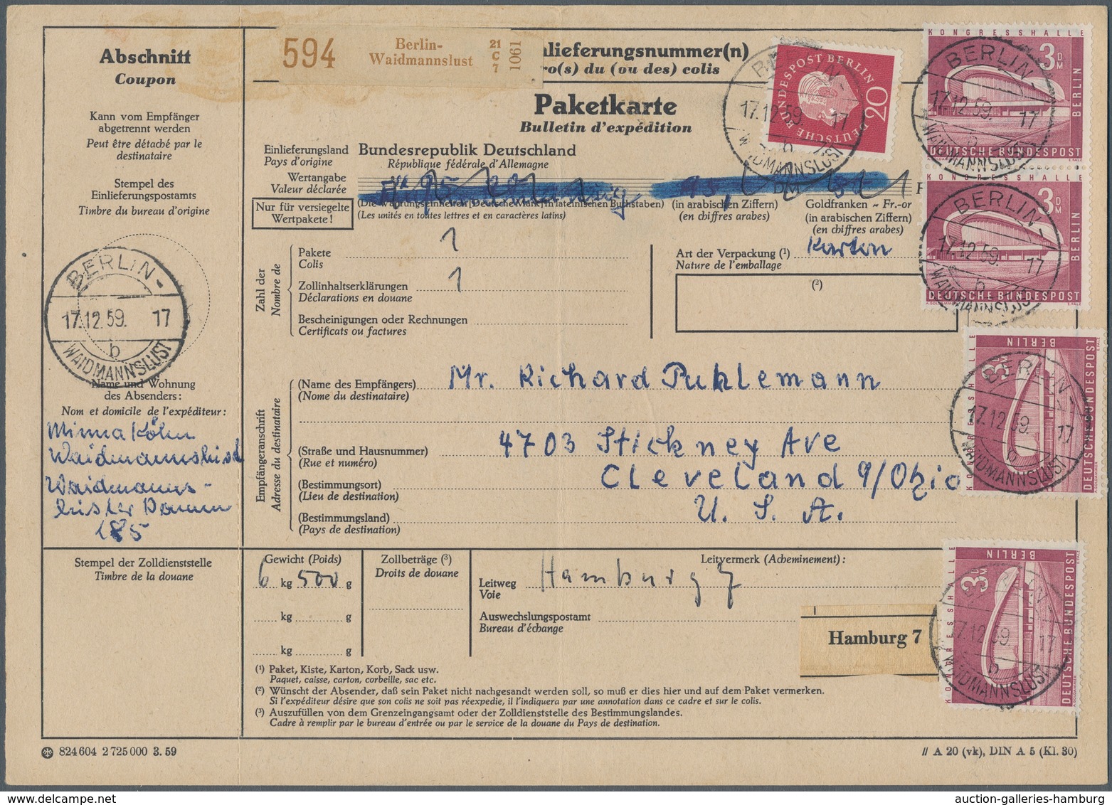 Berlin: 3 DM Stadtbilder 4 St. (dabei Paar) U. 20 Pf. Heuss Medallion Zusammen Auf Übersee-Paketkart - Briefe U. Dokumente