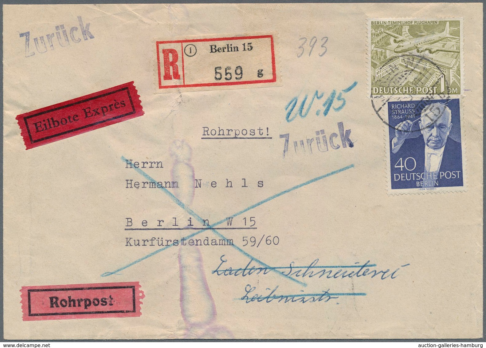 Berlin - Rohrpost: 1 DM Bauten U. 40 Pf. Strauss Zusammen Auf Rohrpost-Eil-R-Bf. Von Berlin W15 Vom - Other & Unclassified