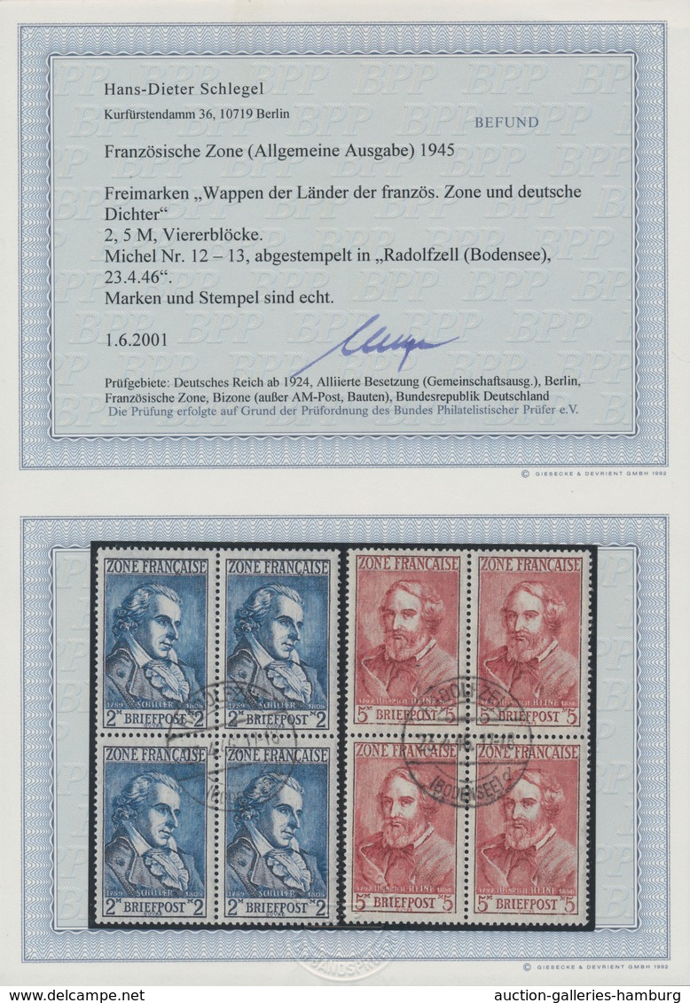 Französische Zone - Allgemeine Ausgabe: 1946, 2 U. 5 Mk. In Zentrisch Gestempelten Viererblocks. Rei - Sonstige & Ohne Zuordnung