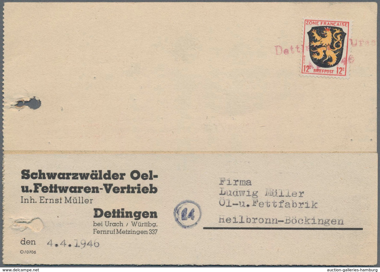 Französische Zone - Allgemeine Ausgabe: 1946, Zwei Geschäftsbriefe Je Mit Zwei- Bzw. Dreizeiler "Det - Other & Unclassified