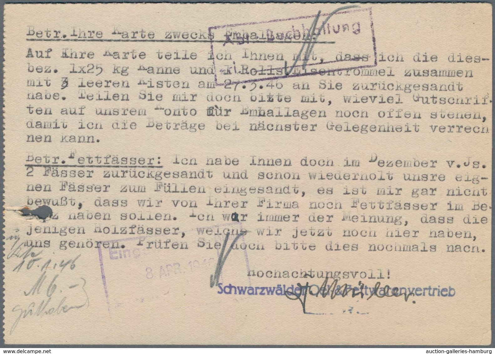 Französische Zone - Allgemeine Ausgabe: 1946, Zwei Geschäftsbriefe Je Mit Zwei- Bzw. Dreizeiler "Det - Other & Unclassified