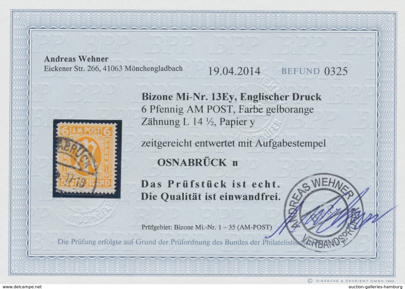 Bizone: 1945, "6 Pfg. Englischer Druck Mit Zähnung L 14 ½", Sauber Gestempelter Wert In Tadelloser E - Other & Unclassified