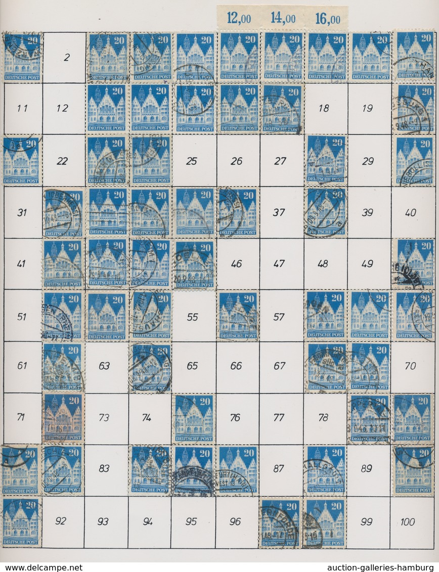 Bizone: 1948, Bauten 20 Pfennig Mittel- Bis Lebhaftblau Weitgezähnt. Partie Von Etwa 920 Gestempelte - Other & Unclassified