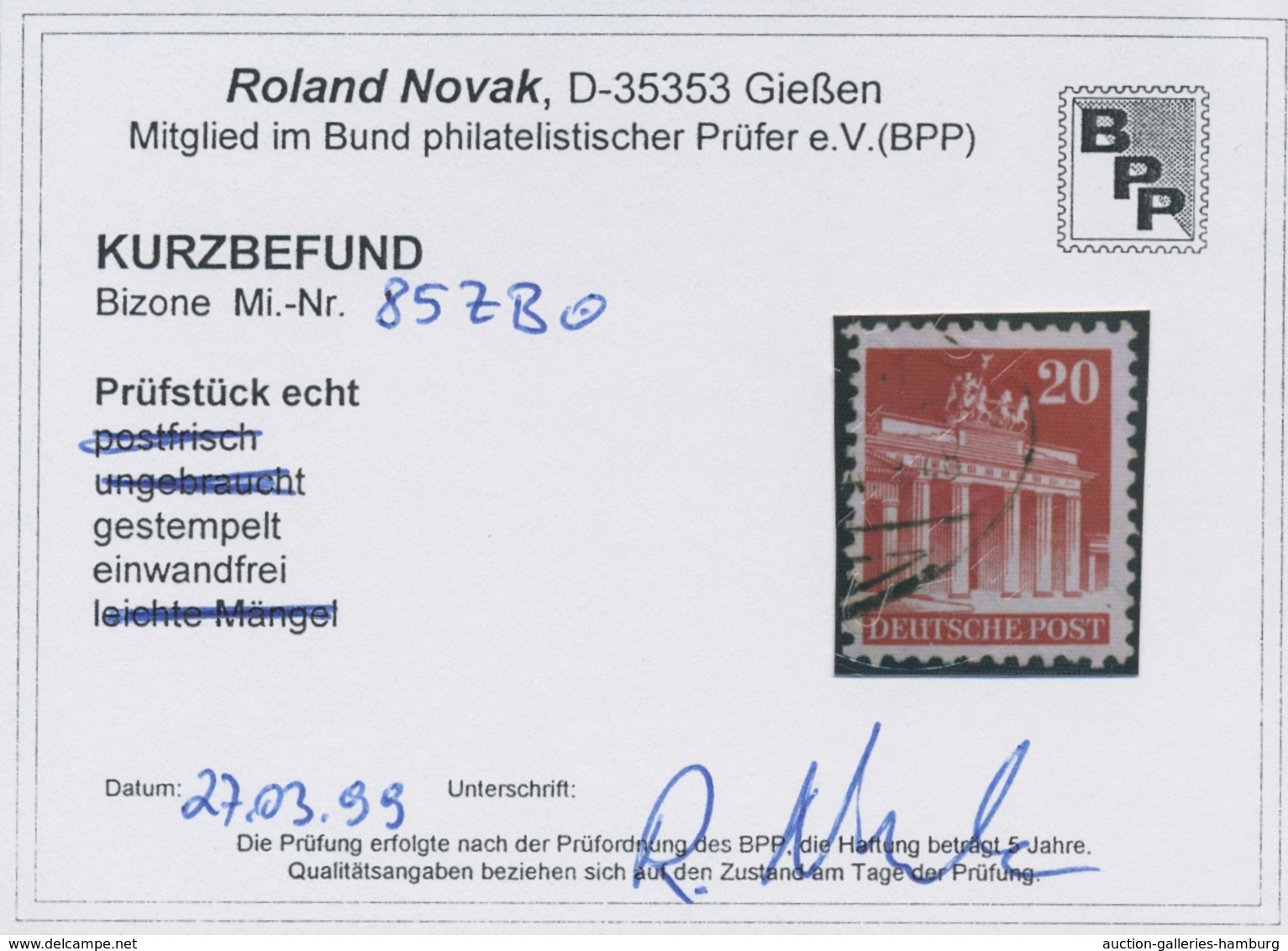 Bizone: 1948, 20 Pfennig Karminrot Weitgezähnt Mit Bahnpoststempelentwertung, Mit Wasserzeichen 1Z U - Other & Unclassified