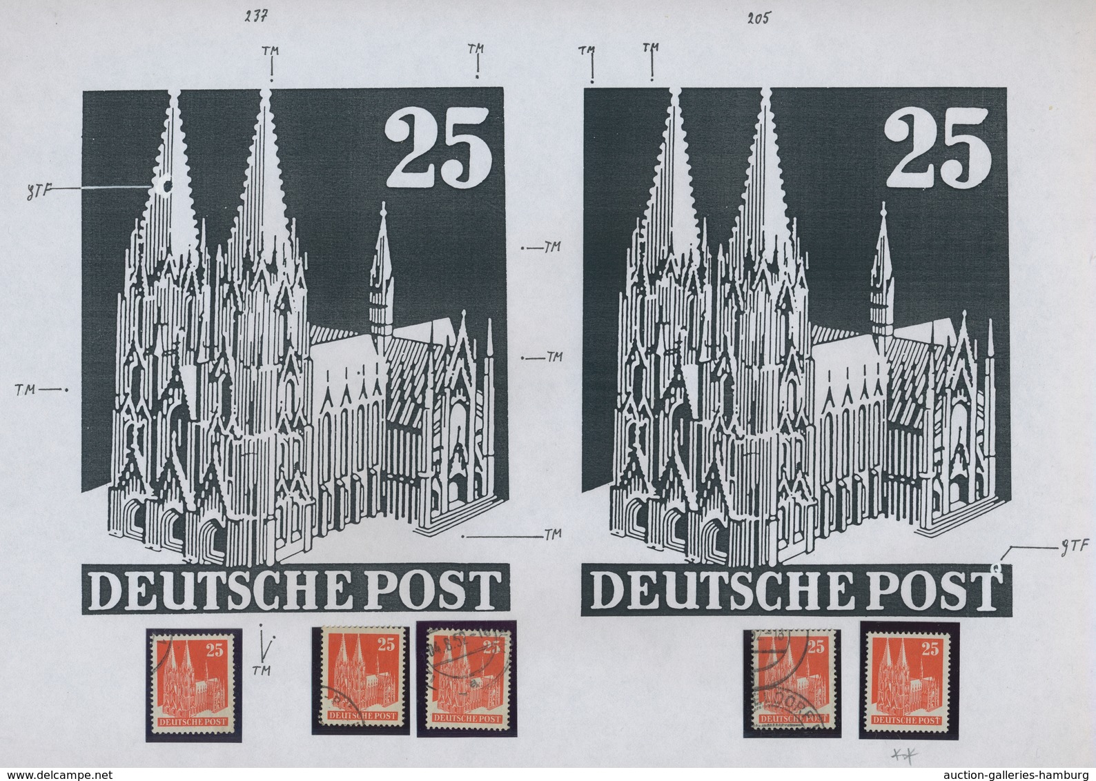 Bizone: 1948, Bauten 25 Pfennig Orangerot Enggezähnt In Type IV. Studie Von 30 Gestempelten Und 3 Po - Other & Unclassified