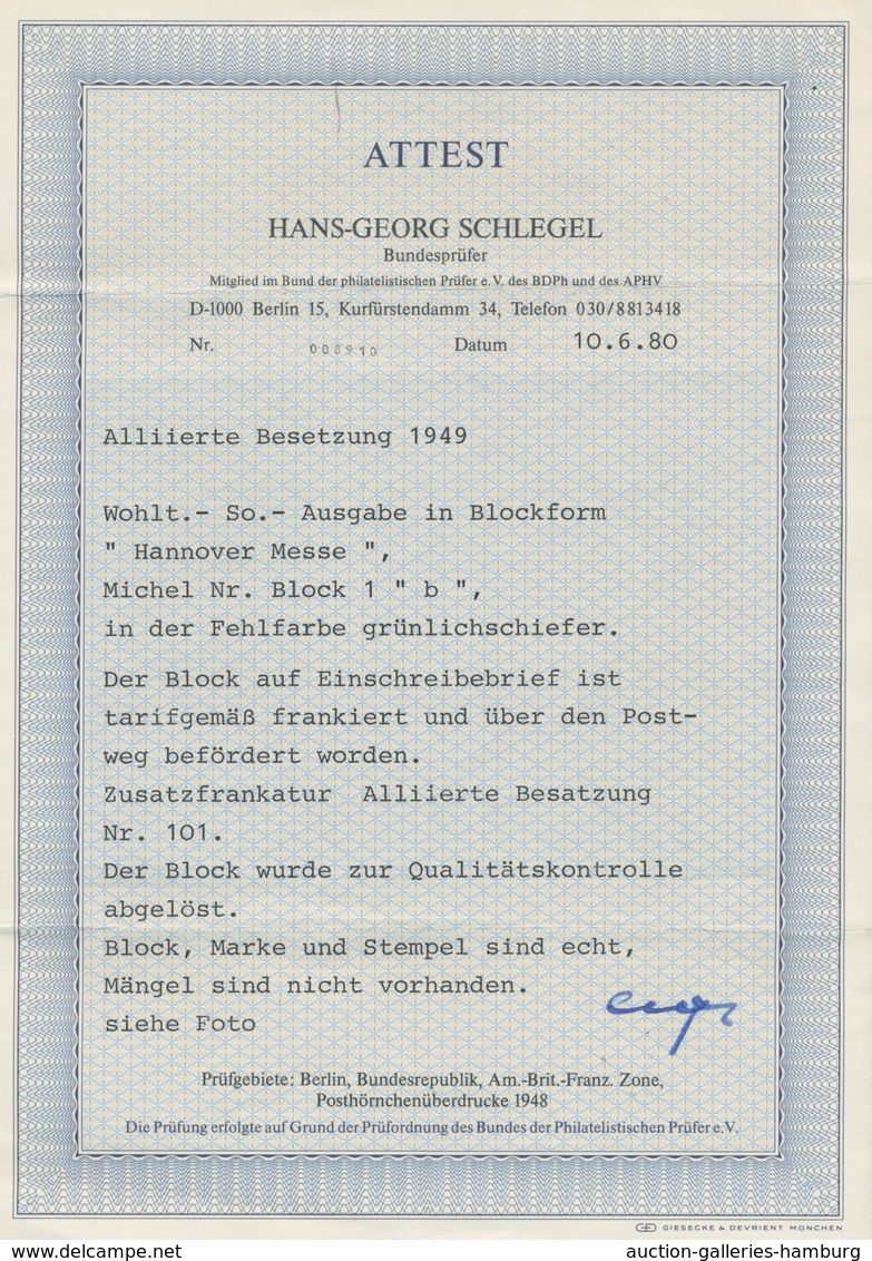 Bizone: 1949, "Hannovermesse-Block Mit 30 Pfg. Dunkelgrünlichgraublau (grünlichschiefer)", Der Block - Sonstige & Ohne Zuordnung