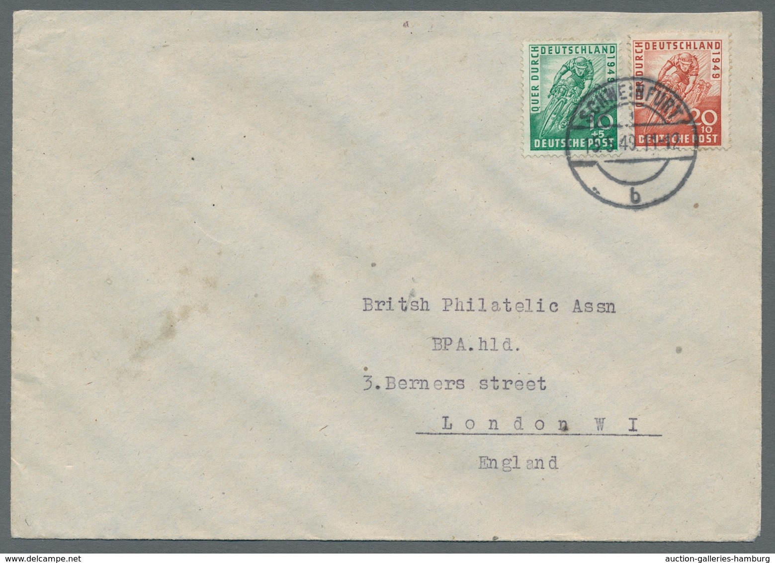 Bizone: 1949, Radrennen 2 Werte Komplett Auf Brief Nach London/England Mit Stempel "Schweinfurt 15.5 - Sonstige & Ohne Zuordnung