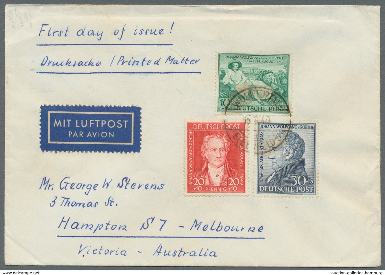 Bizone: 1949, Goethe-Satz 3 Werte Komplett Auf Nach Australien Gelaufenem Luftpostbrief Mit Stempel - Sonstige & Ohne Zuordnung