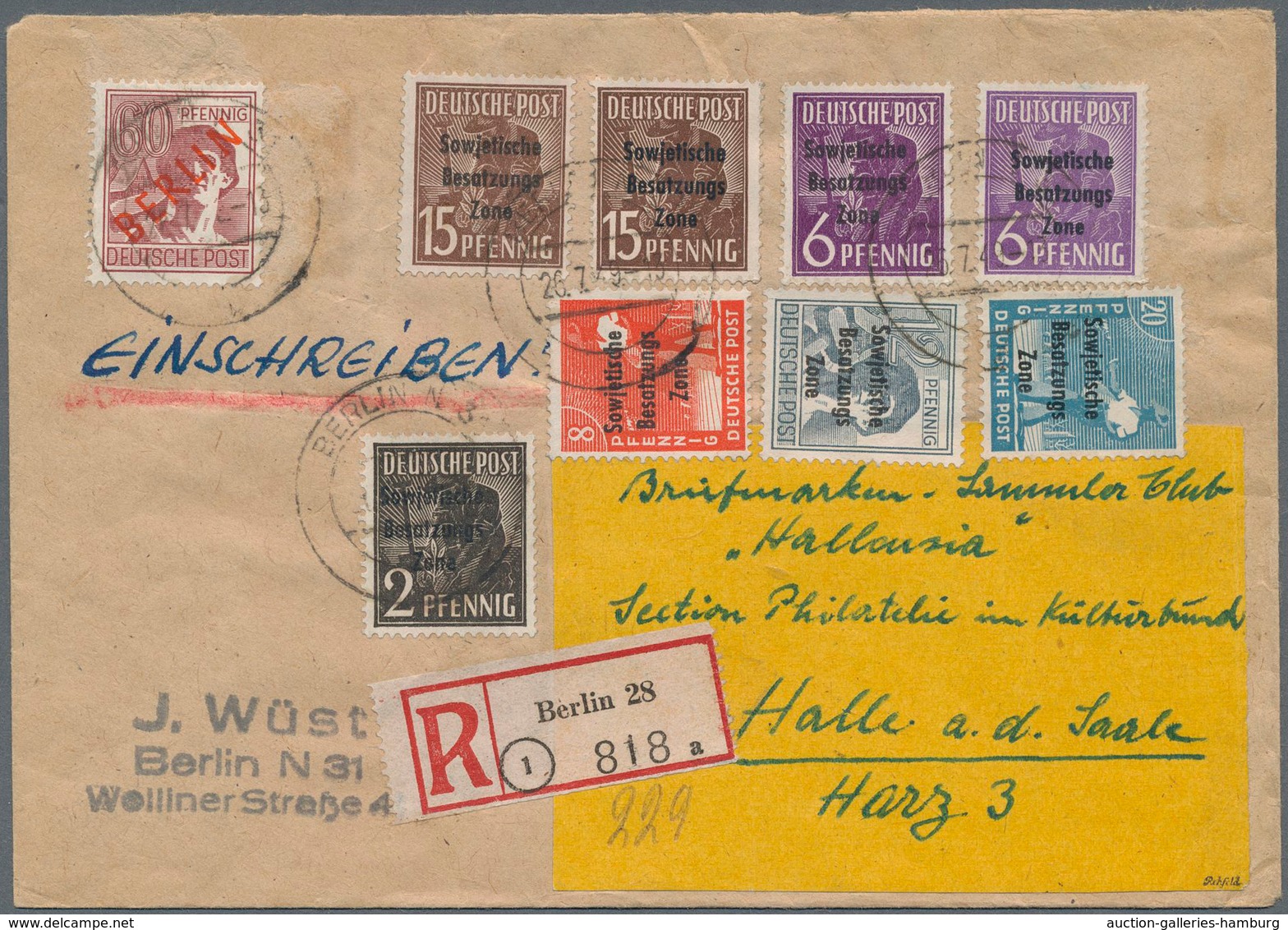 Bundesrepublik Und Berlin - Postkrieg: 60 Pf. Rotaufdruck Mit SBZ 2, 6(2), 8, 12, 15(2) U. 20 Pf. Ar - Sonstige & Ohne Zuordnung