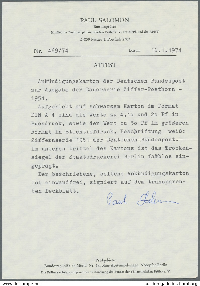 Bundesrepublik Deutschland: 1951, "Posthorn Ankündigungskarton 2" Mit Aufgeklebten Werten Zu 4, 10, - Gebraucht