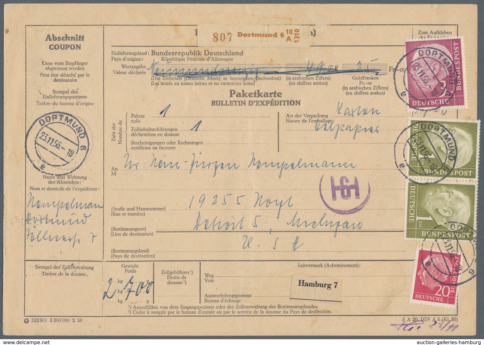 Bundesrepublik Deutschland: 1956, Heuss 1 Mk. Im Waagerechten Paar Und Zusatzfrankatur. Auslandspake - Gebraucht