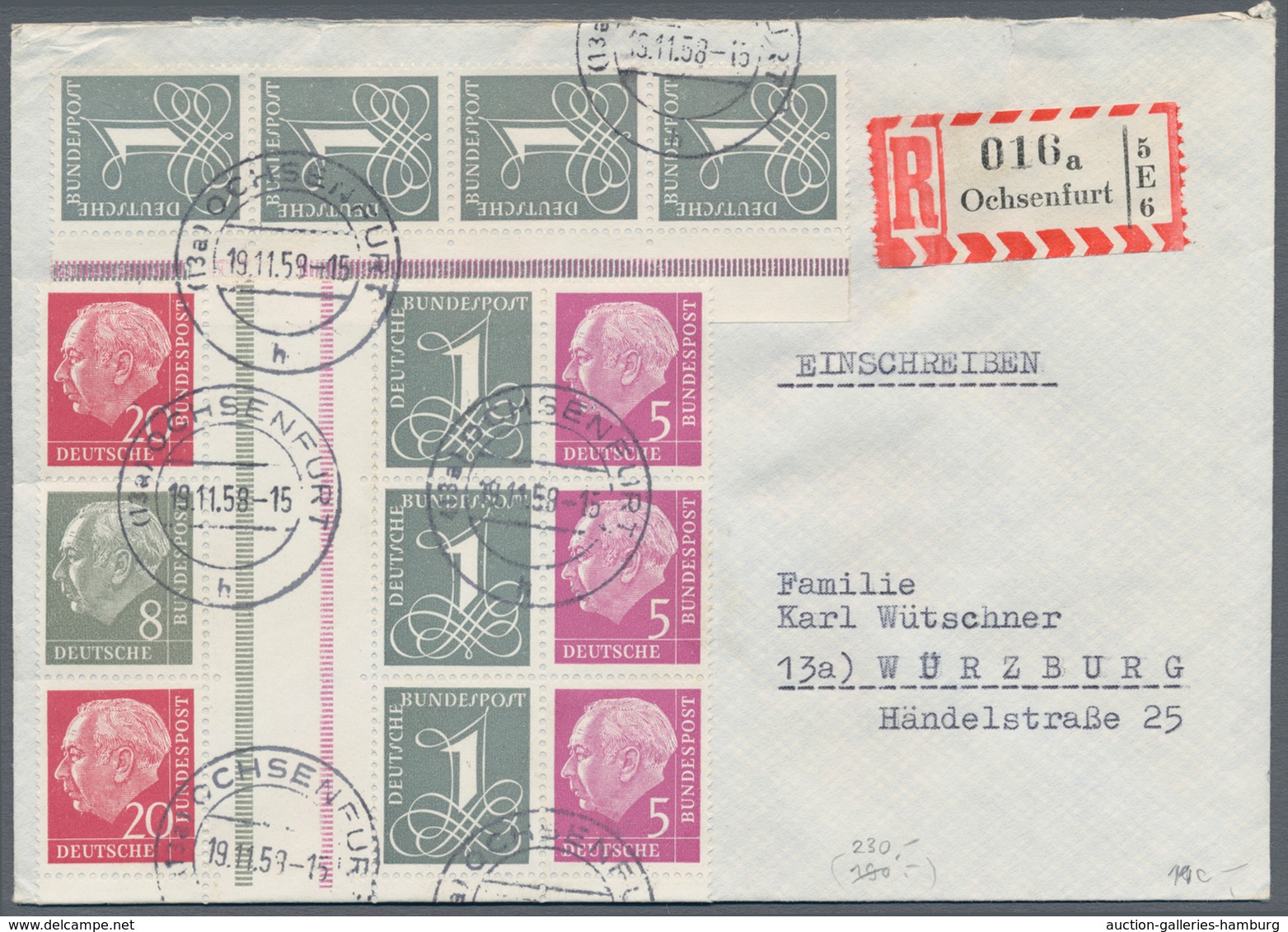 Bundesrepublik - Zusammendrucke: 1953/1959 Heuss stehendes Wasserzeichen, 7 Briefe in verschiedenen