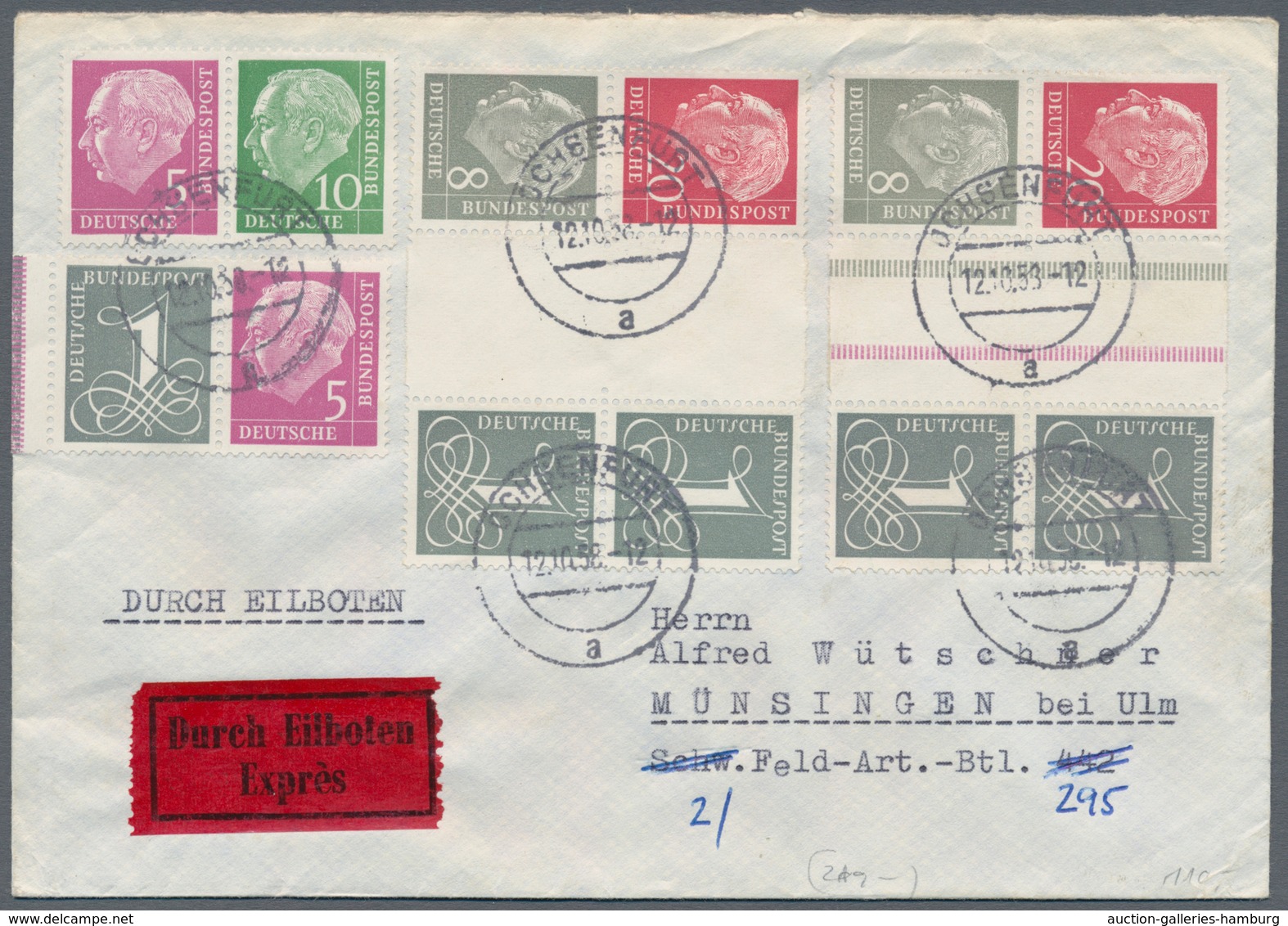 Bundesrepublik - Zusammendrucke: 1953/1959 Heuss stehendes Wasserzeichen, 7 Briefe in verschiedenen