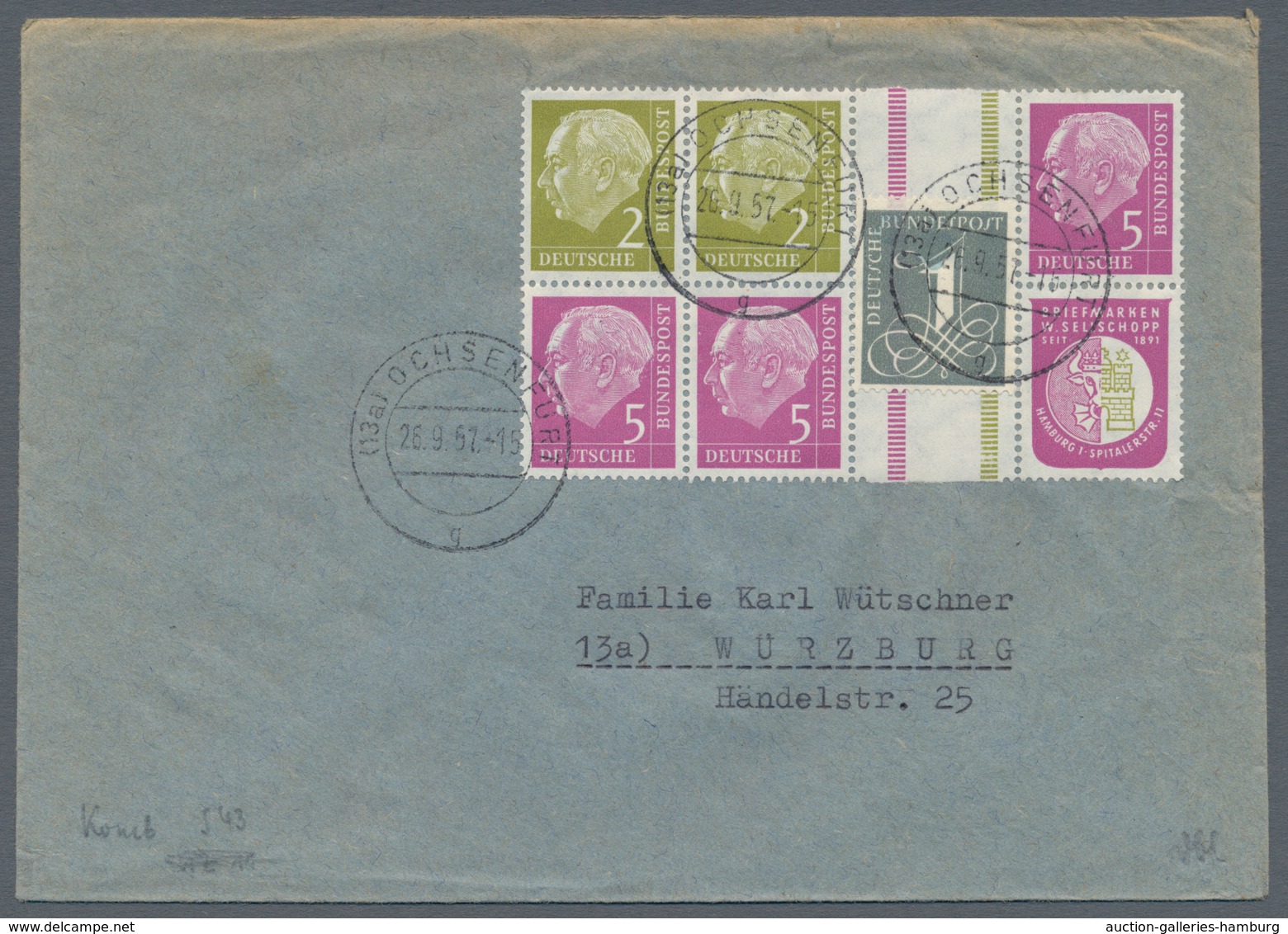 Bundesrepublik - Zusammendrucke: 1956, Heuss 1956 über weite Strecken komlett auf 20 portorichtigen