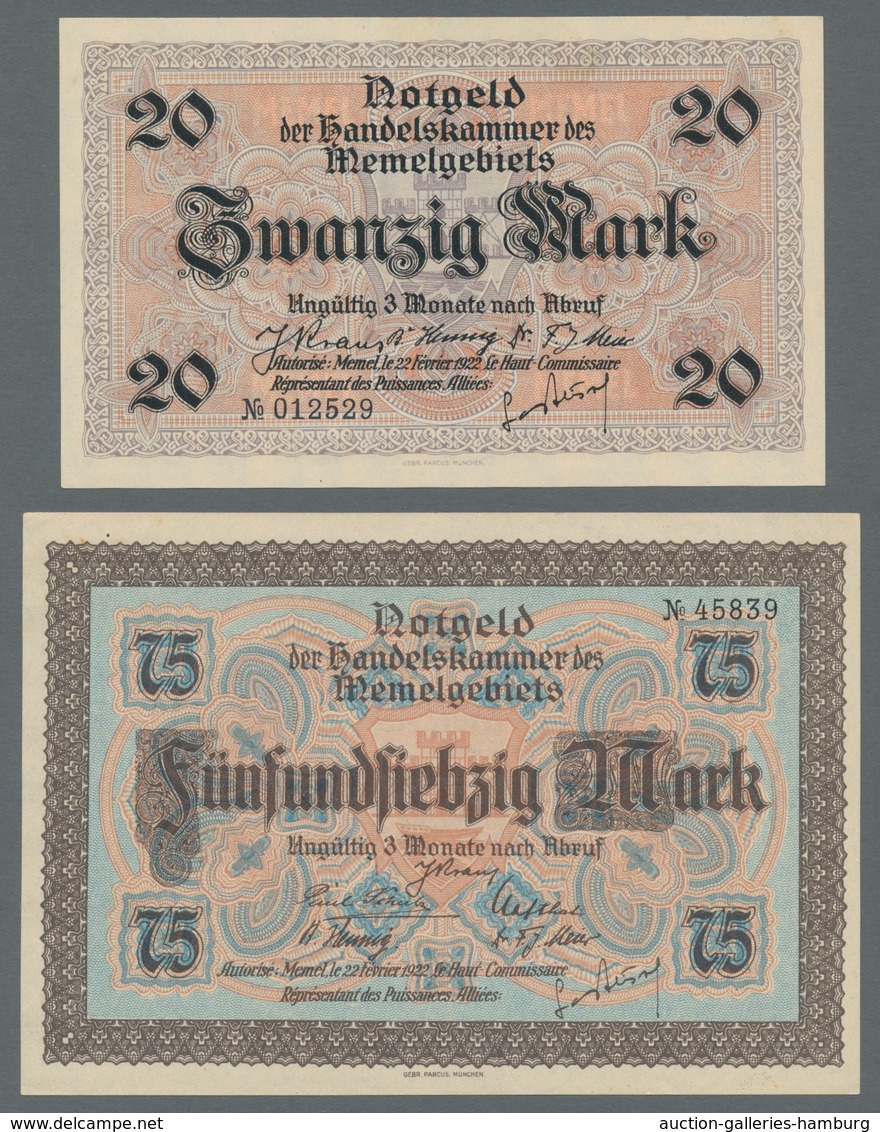 Memel: 1922, Handelskammer kpl. Serie der Scheine von 1/2 bis 100 Mark (Rosenberg Nr. 846 bis 854) i