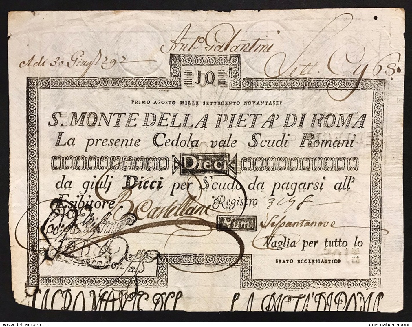 SACRO MONTE DI PIETA' ROMA 01 08 1796 10 SCUDI  BB+ R2 LOTTO 2985 - [ 9] Verzamelingen