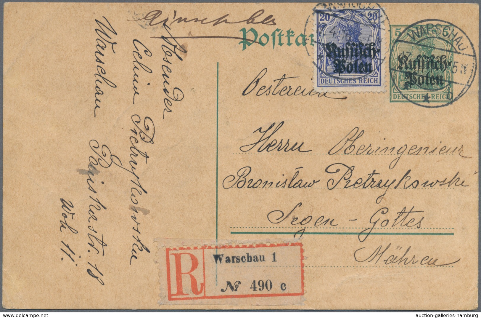 Deutsche Besetzung I. WK: Deutsche Post In Polen: 1915/1918, Zwei Belege Stadtpost Warschau, Zwei R- - Besetzungen 1914-18