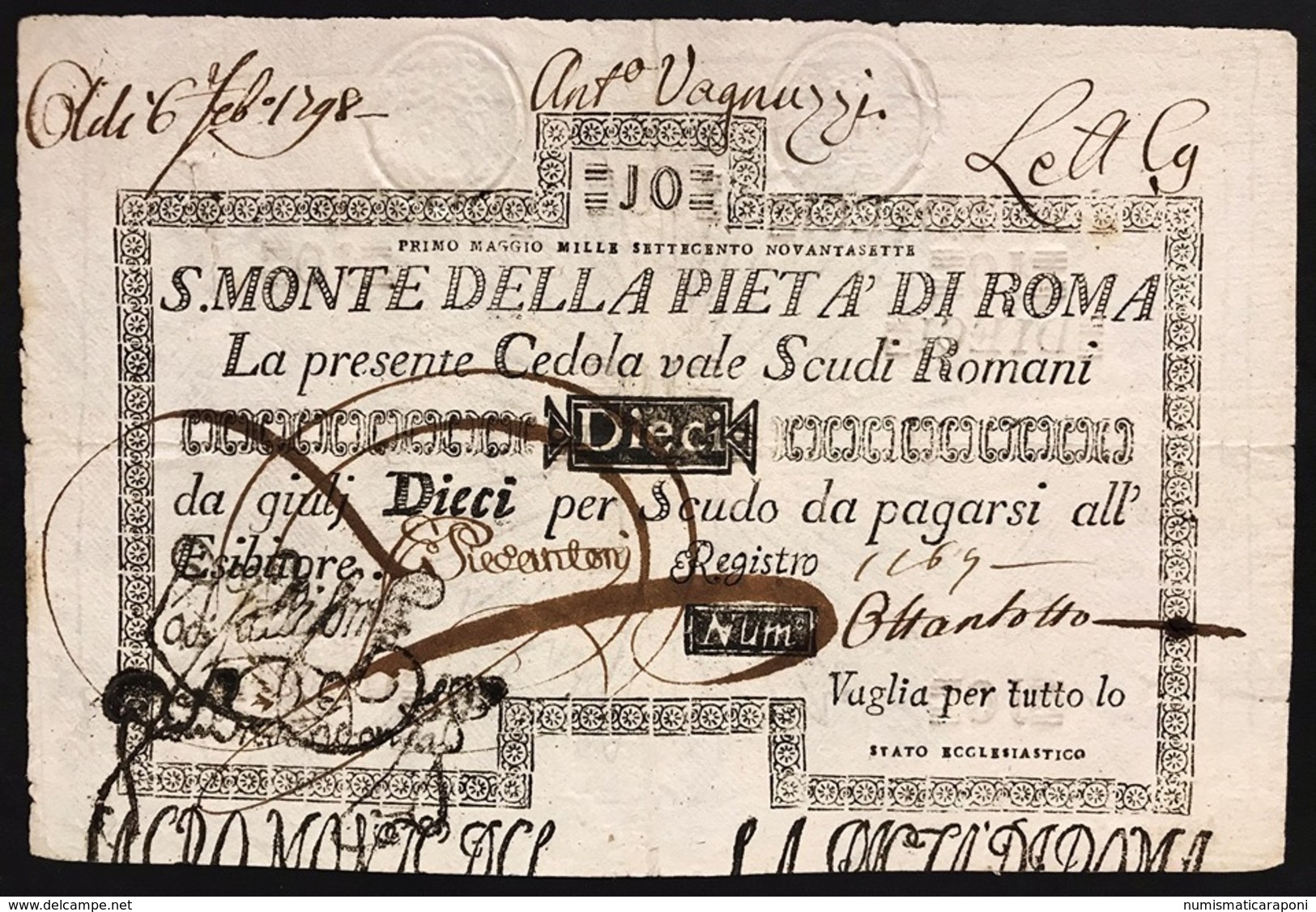 SACRO MONTE DI PIETA' ROMA 01 05 1797 10 SCUDI Forellini Bb/spl Rara LOTTO 2986 - Altri & Non Classificati