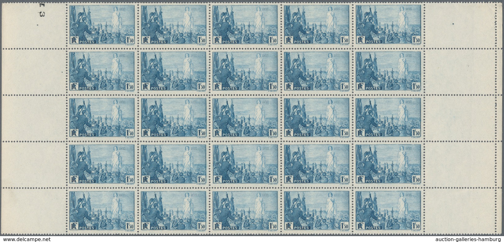 Frankreich: 1936, 1.50fr. PAX, Marginal Block Of 25 Stamps, Mint Never Hinged. Maury 328 (25), 900,- - Gebraucht