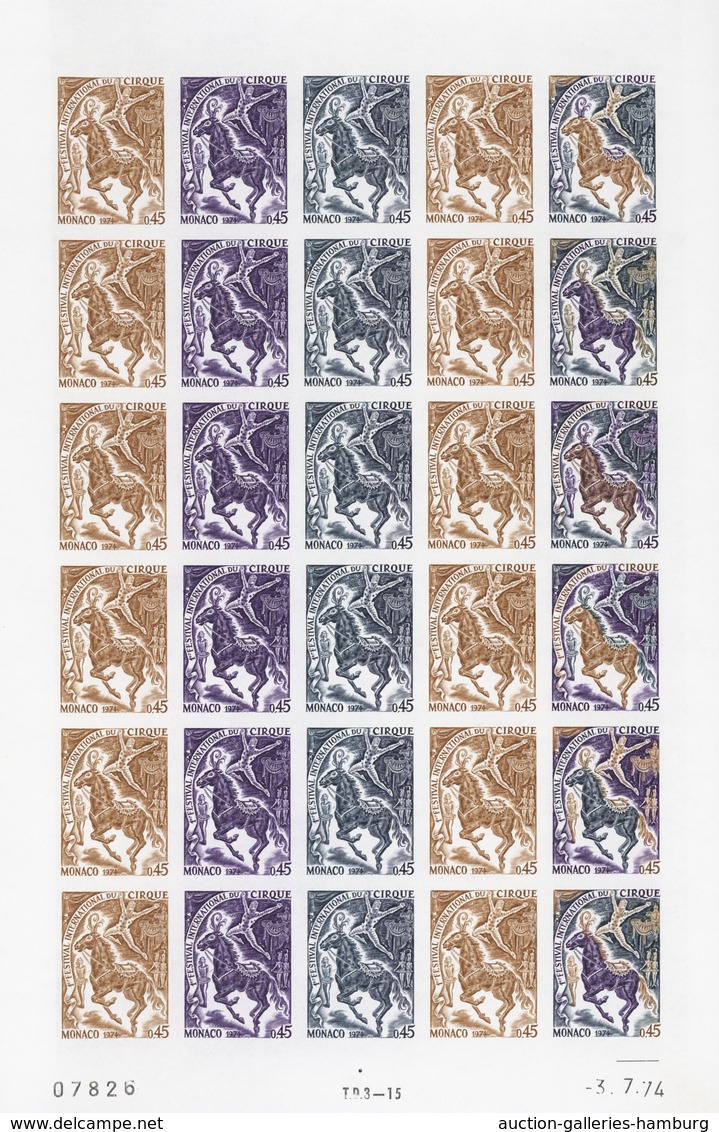 Monaco: 1973/1977, IMPERFORATE COLOUR PROOFS, MNH Collection Of 38 Complete Sheets (=1.040 Proofs), - Ungebraucht